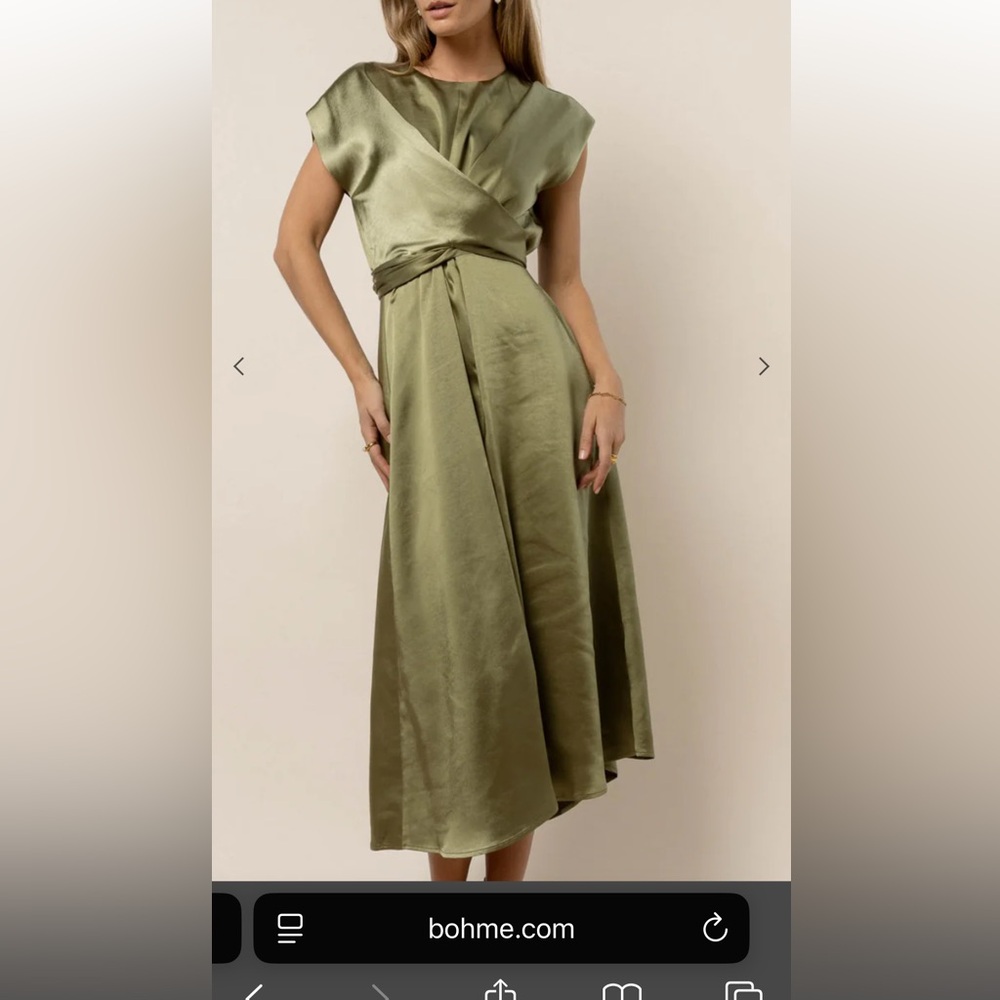 Rosalind Midi Wrap Dress—Elegant Olive Green Satin Dress XL